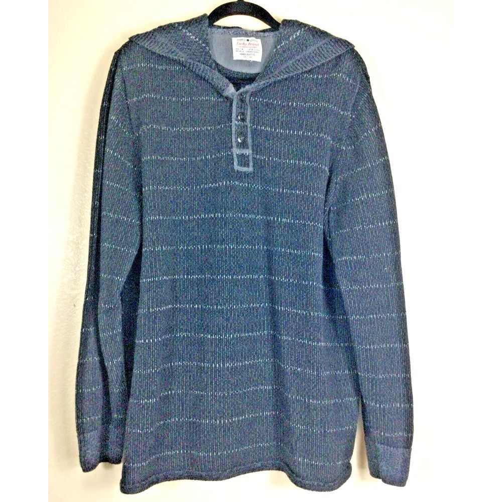 Lucky Brand Sweater Large Men Long Sleeve Hoodie Black Striped Knit Henley Neck‎